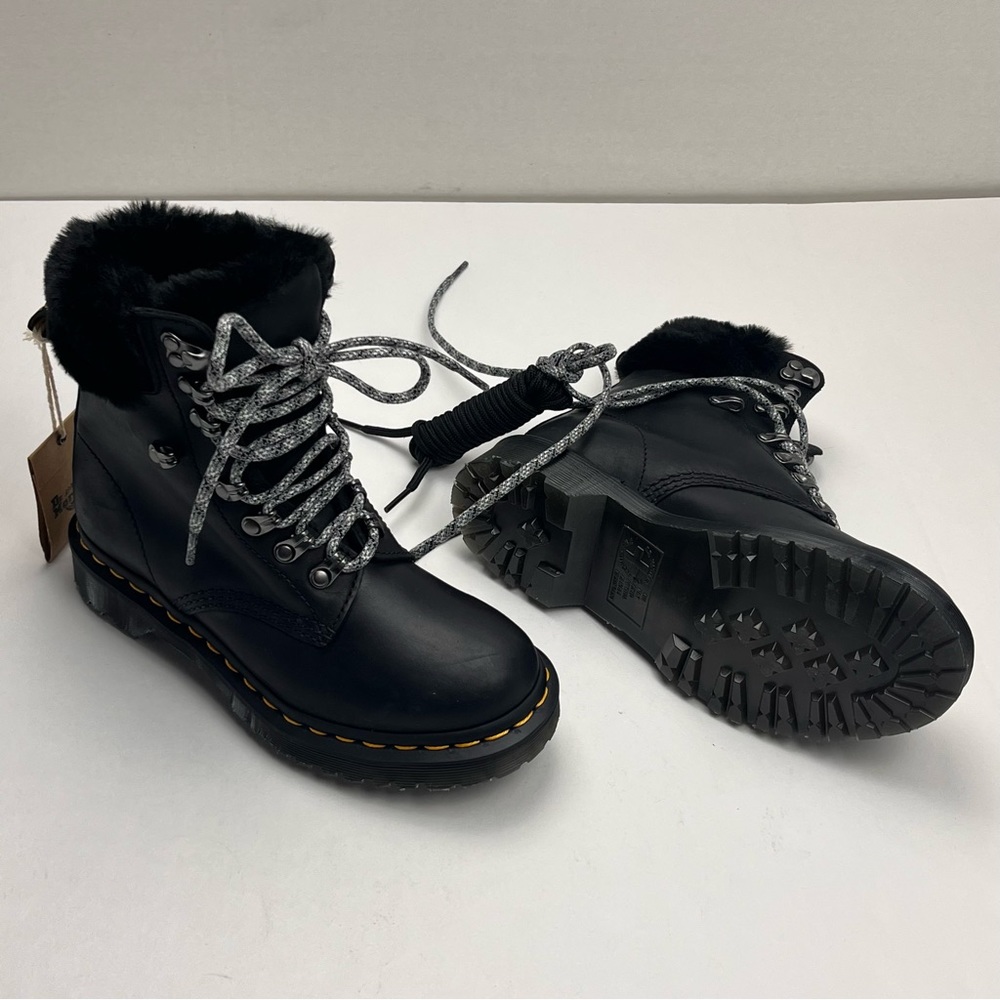 Dr. Martens 1460 Serena Collar Combat Boot Black Leather Faux Fur Trim SZ 5 NEW